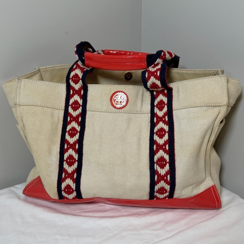 Tory Burch canvas and patent leather mini tote bag in a cream and red colorway